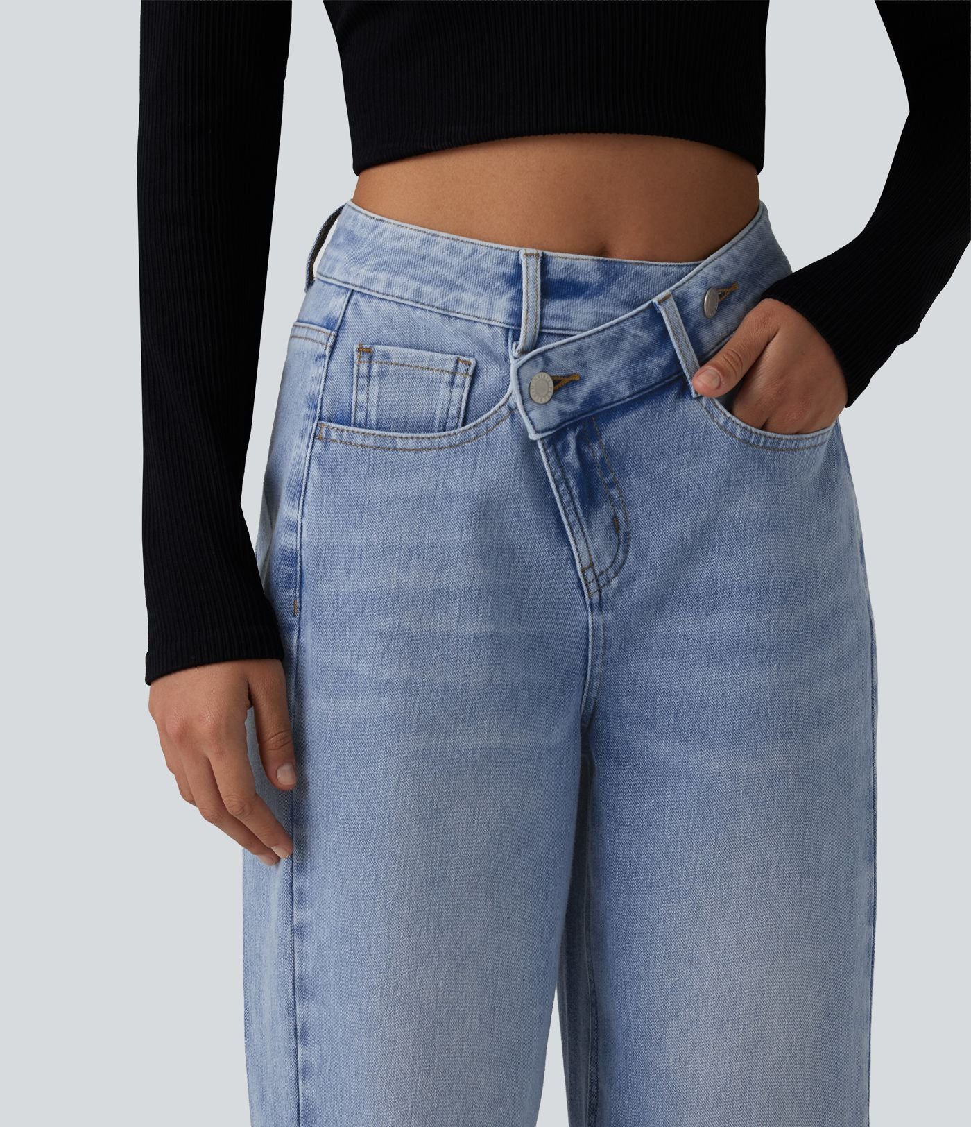 Jean baggy asymétrique Halara Flex™ taille haute effet délavé avec poches