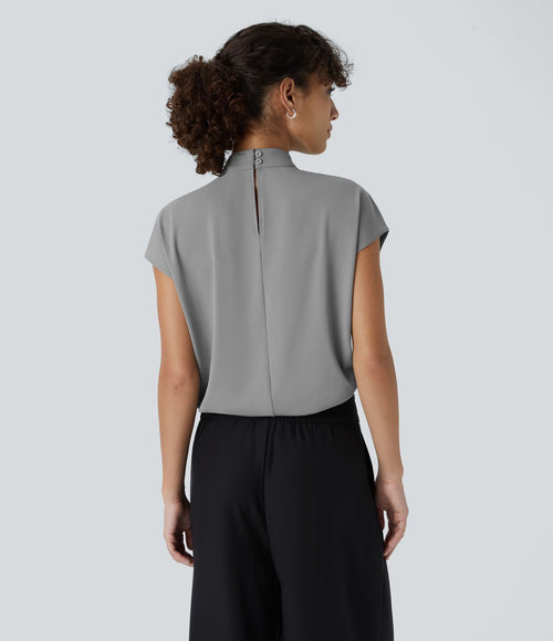 Blouse de Travail à Col Montant Plissée avec Boutons dans le Dos et Manches Courtes