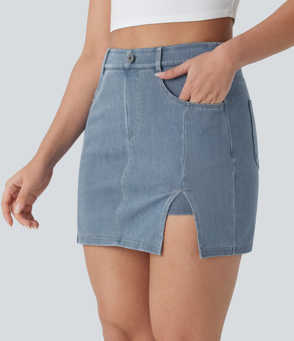 Halara Flex™ Mini-Jupe en Jean décontractée 2-en-1 moulante à taille haute avec poches multiples, fente, effet délavé et tissu extensible