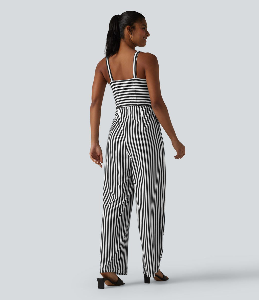 Combinaison casual sans manches à rayures en nid d'abeille torsadée froncée fermeture éclair invisible avec soutien-gorge intégré et poches - Easy Peasy