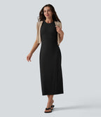 Robe midi moulante décontractée côtelée à col rond sans manches avec soutien-gorge intégré
