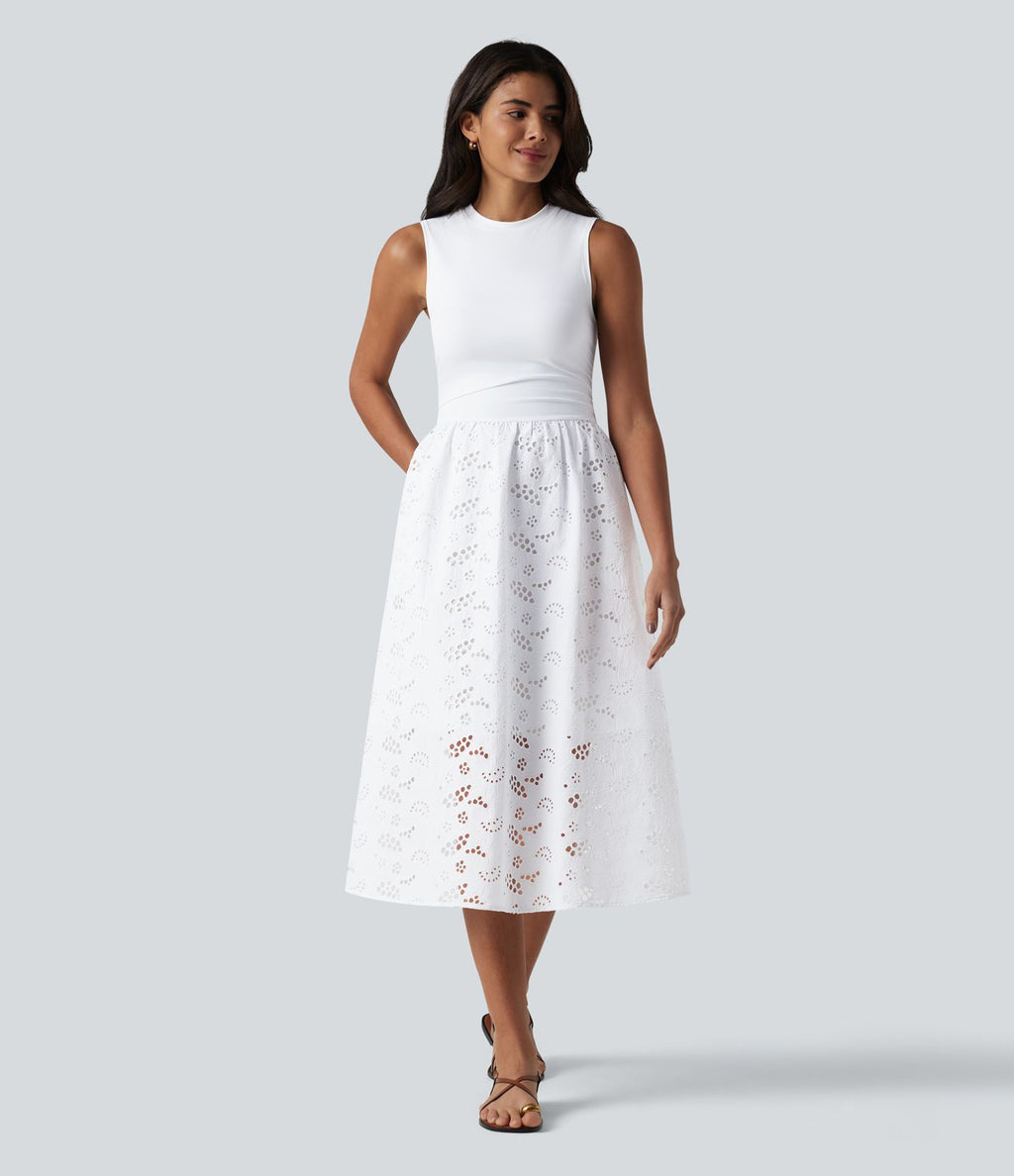 Robe midi de villégiature sans manches col rond à broderie anglaise, avec poches