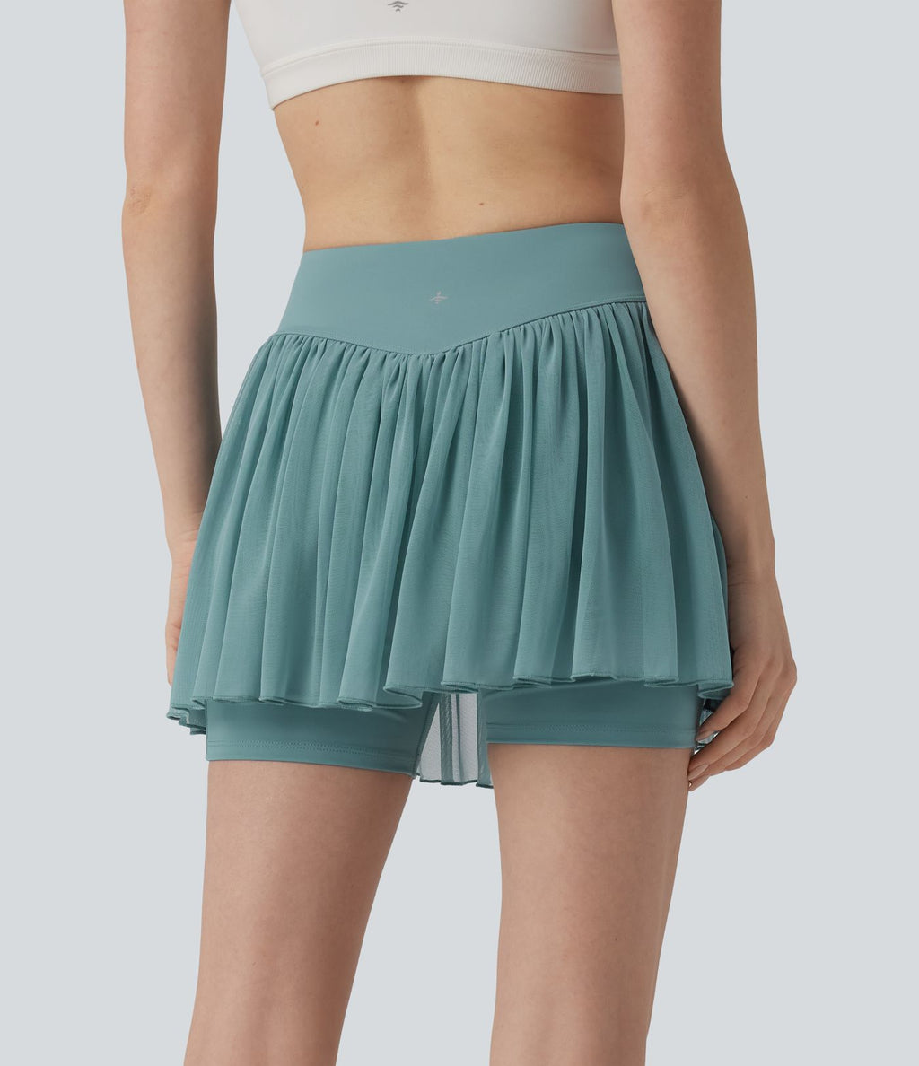 Jupe-short de tennis mini 2-en-1 taille mi-haute mesh contrasté avec poche