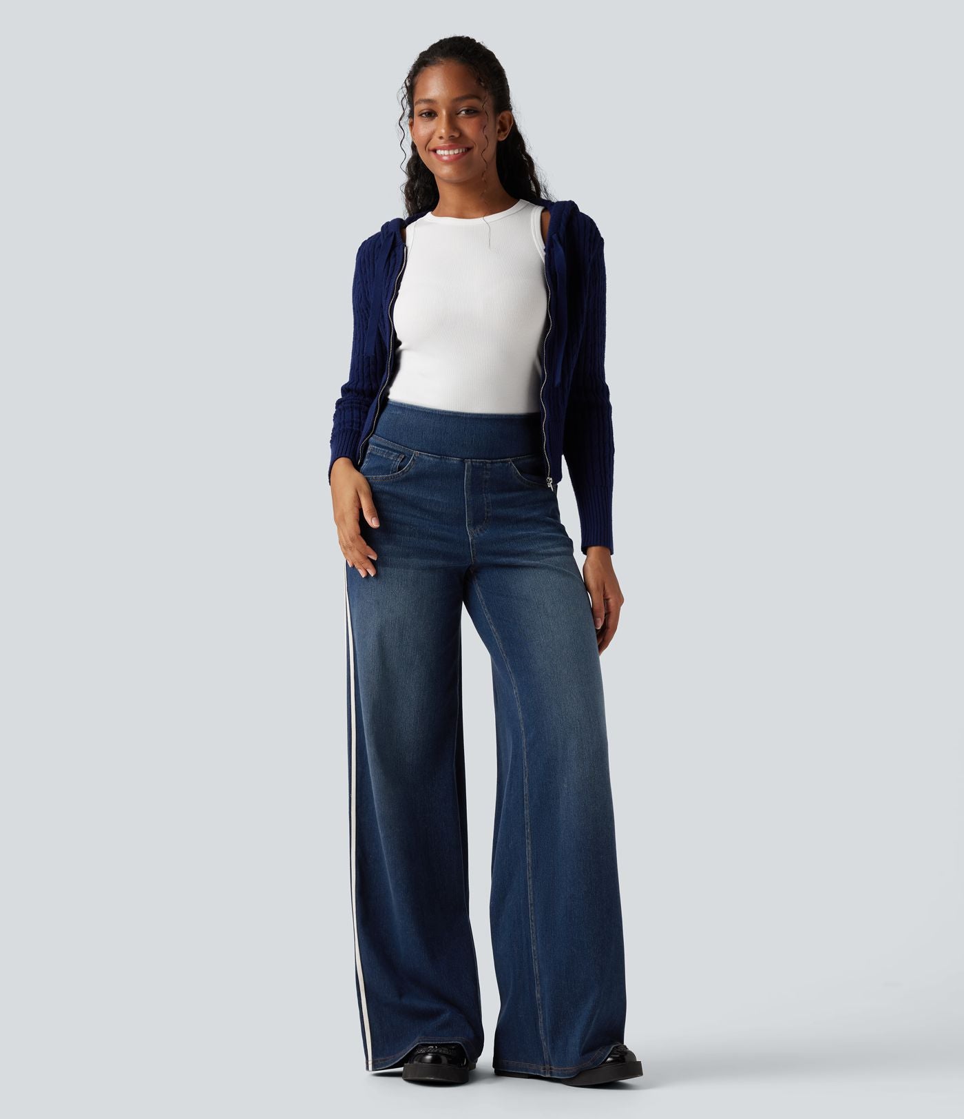 Halara Flex™ Jean large fluide délavé taille haute à rayures avec poches