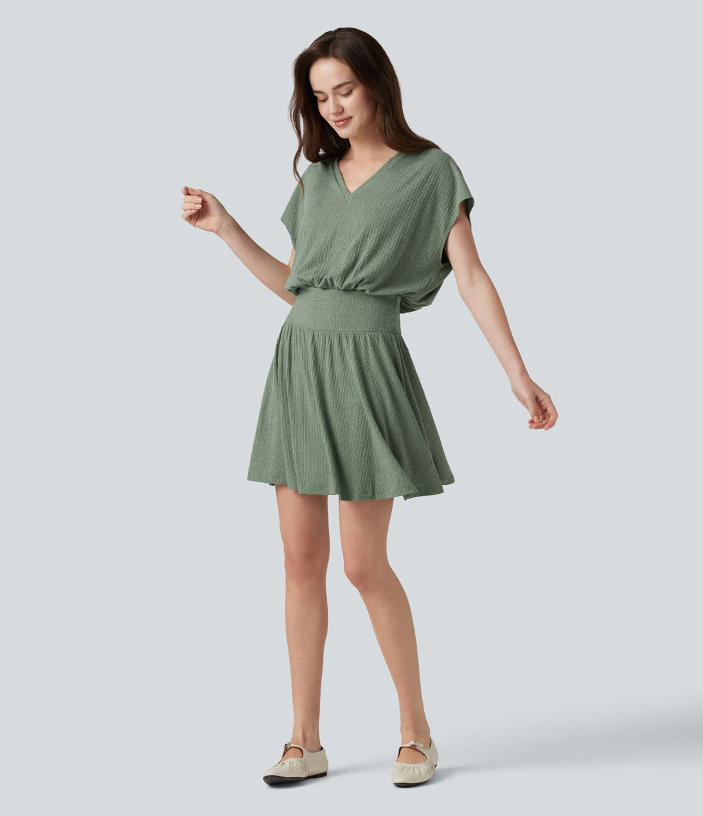 Robe mini décontractée 2-en-1 en maille côtelée mélange de lin, col V, manches courtes, coupe fluide