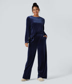 Pantalon détente baggy velours taille haute avec poches