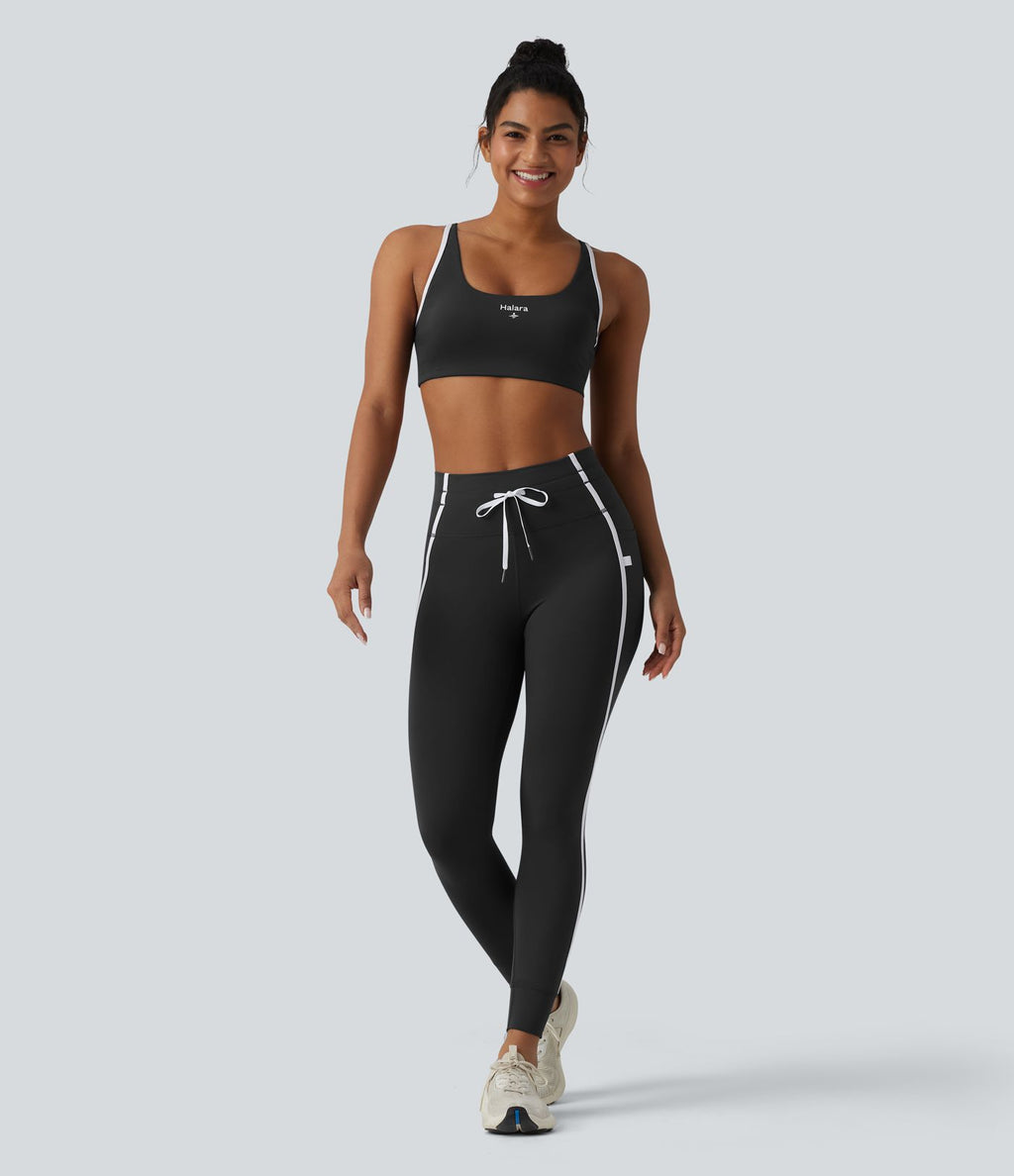 Legging de yoga 7/8 ventre plat taille haute avec cordon de serrage rayé color block et poches