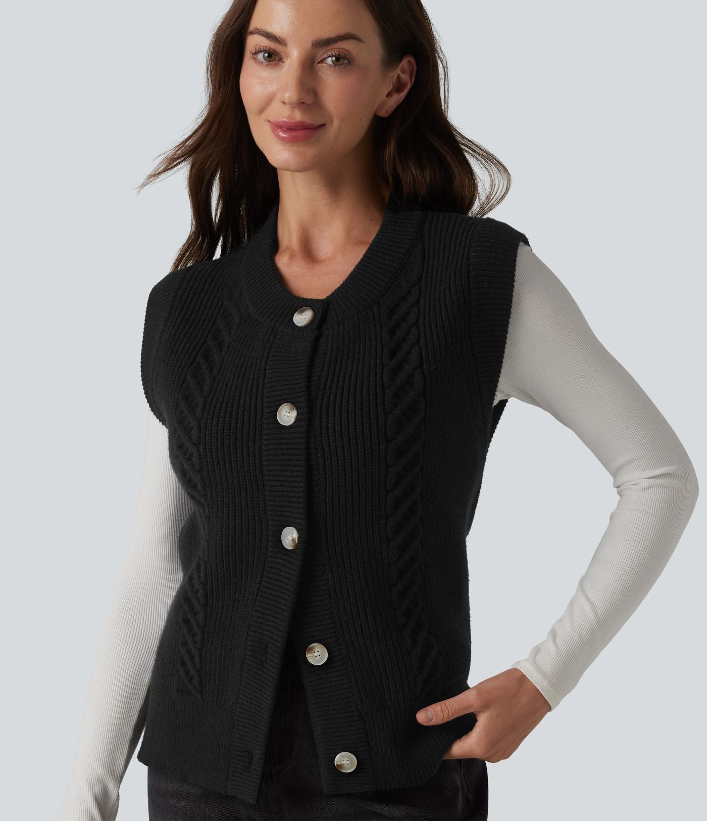Gilet casual col rond ourlet fendu boutonnage devant