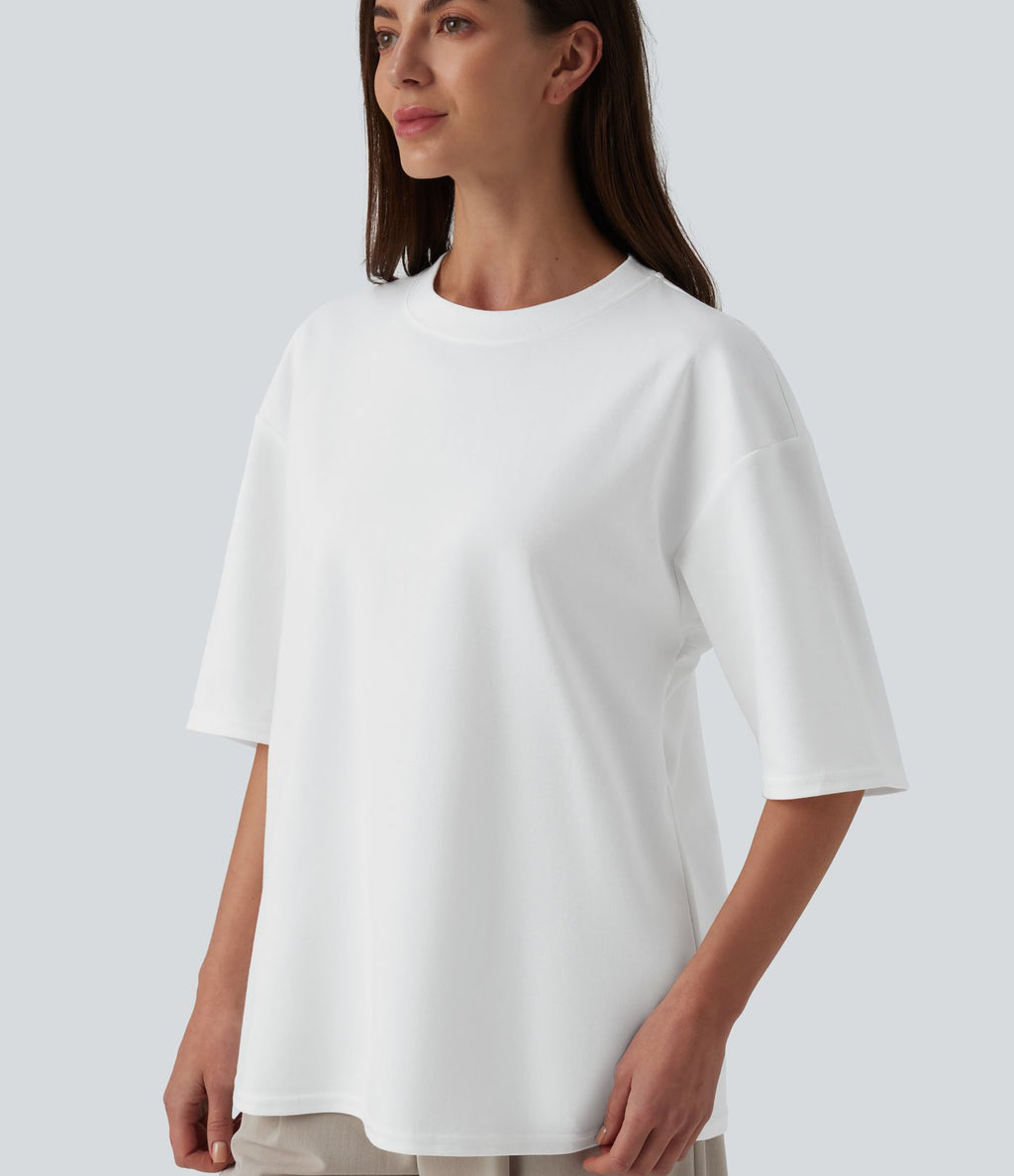 T-shirt casual oversize col rond manches trois-quarts