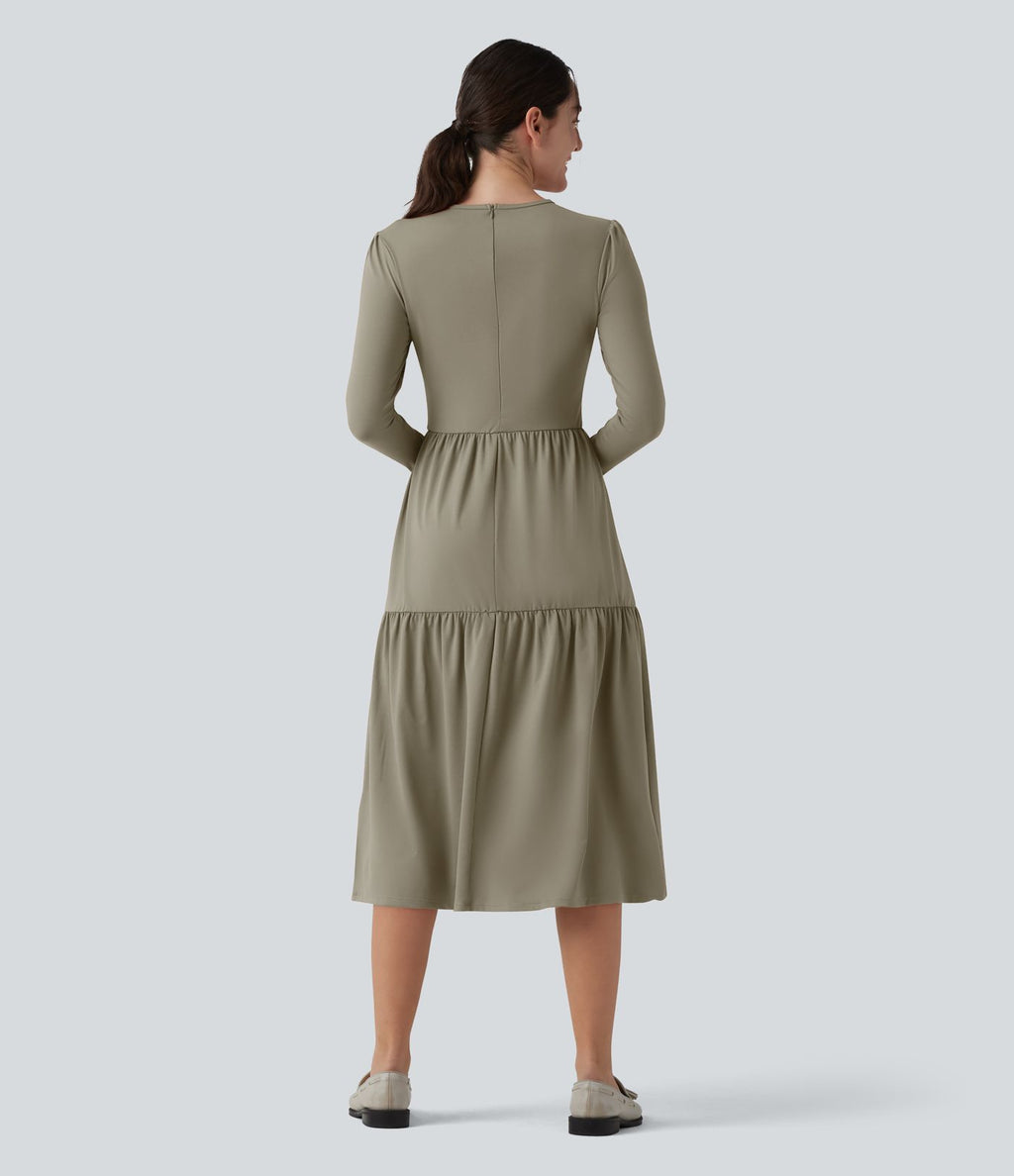 Robe tailleur mi-longue col rond manches longues ourlet à volants étagés