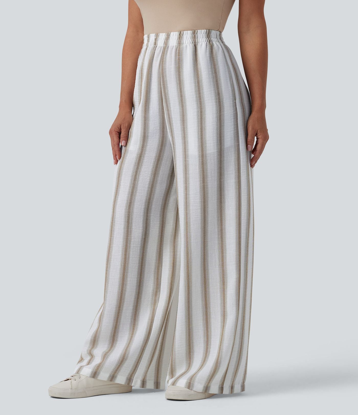 Pantalon casual ample taille haute aspect lin à rayures avec poches