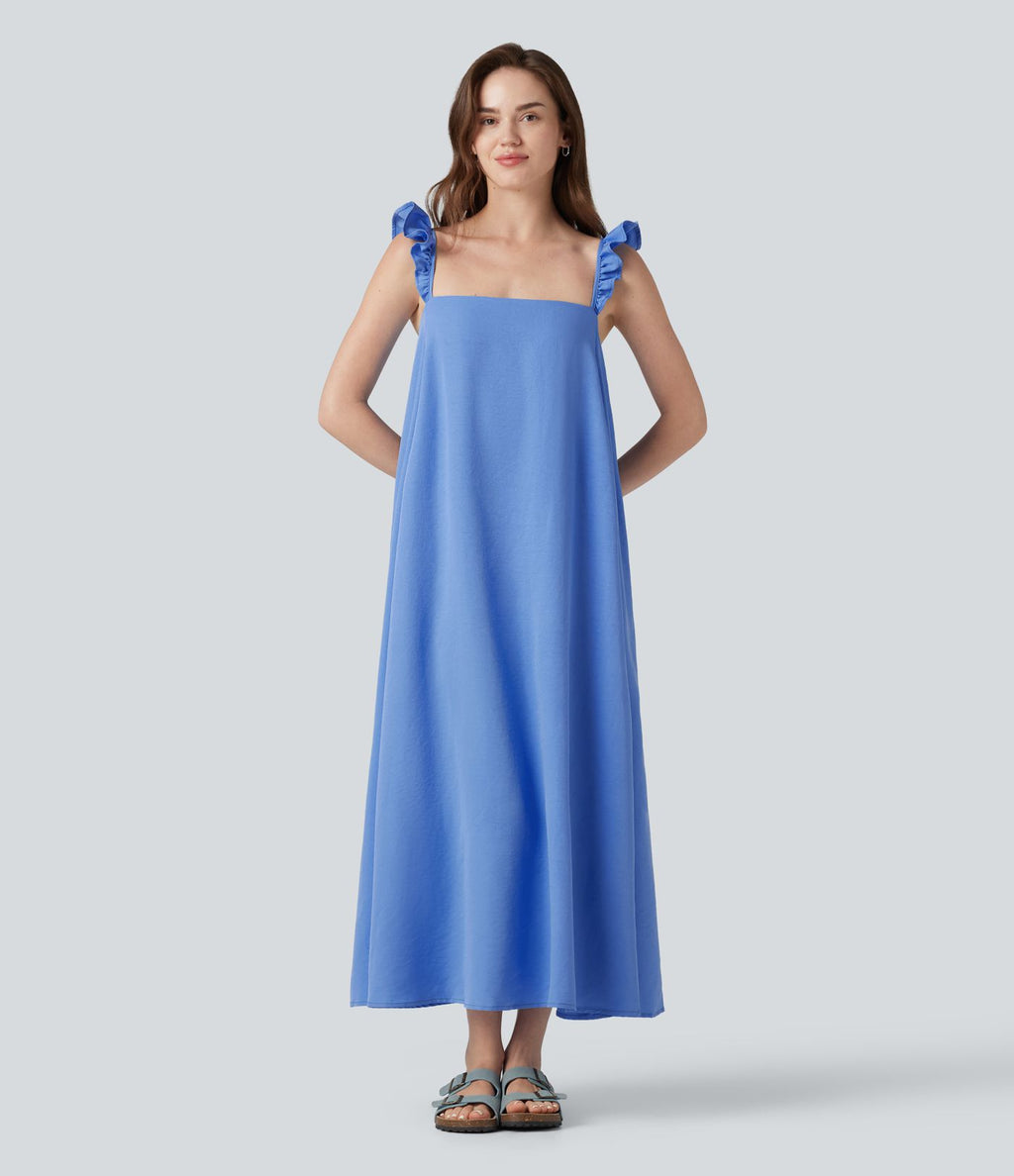Robe casual fluide midi sans manches col carré avec bordure à volants et poches