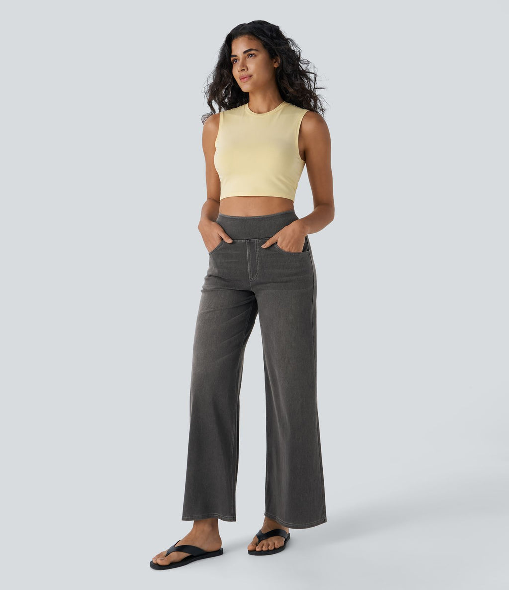 Halara Flex™ Jean Large Casual Taille Haute Poches Multiples Tricot Extensible Délavé