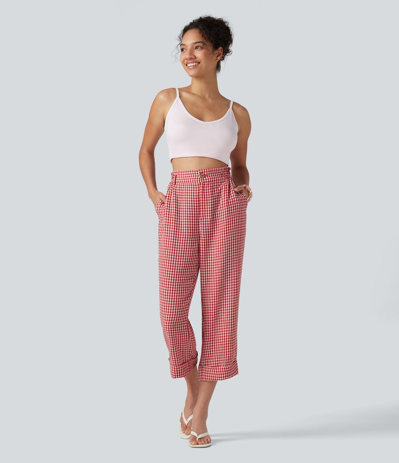 Pantalon 7/8 décontracté aspect lin à carreaux taille haute avec poches