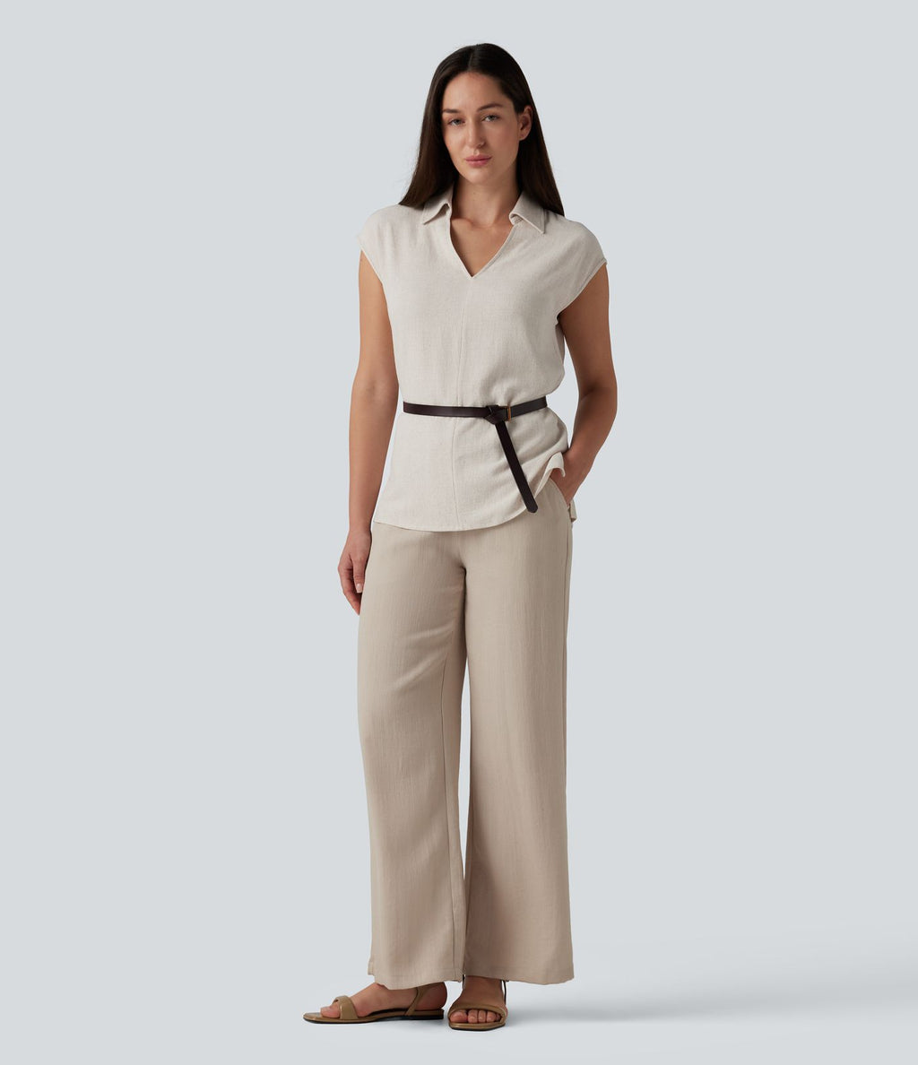 Chemisier tailleur en mélange de lin col V sans manches avec ourlet fendu