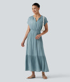 Robe midi décontractée fluide, col V, manches courtes