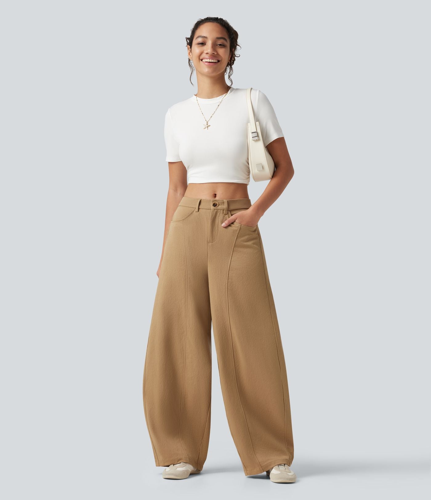 Pantalon casual taille mi-haute coupe barrel avec poches