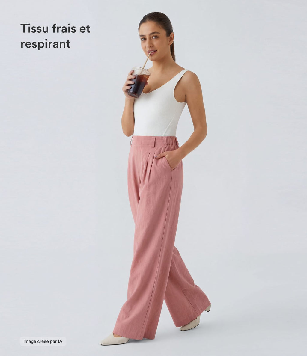 Pantalon Fluide Large Taille Haute Poches Latérales Palazzo Solide Casual Linen-Feel
