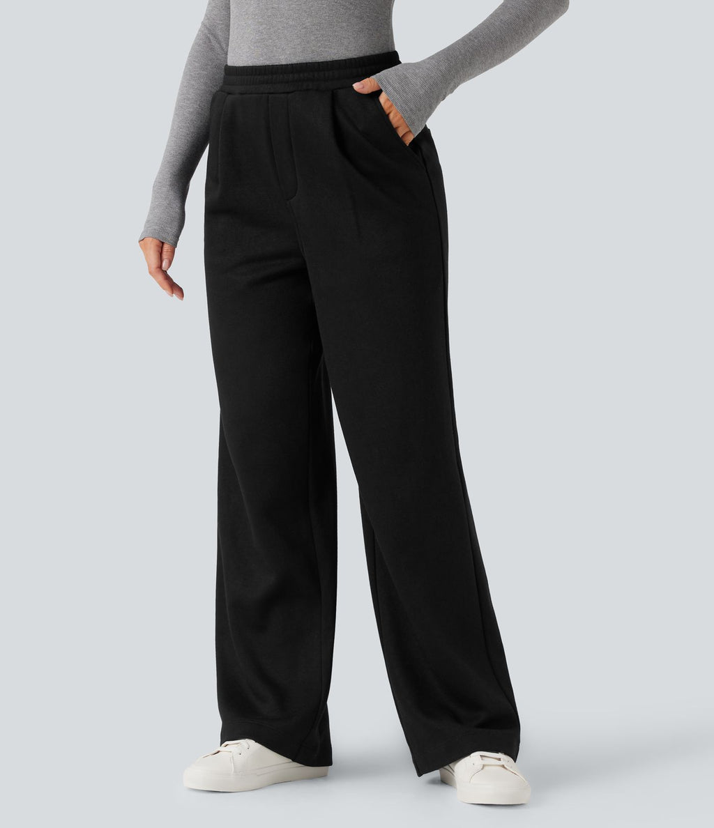Pantalon jogging tailleur polaire coupe droite taille haute avec poches