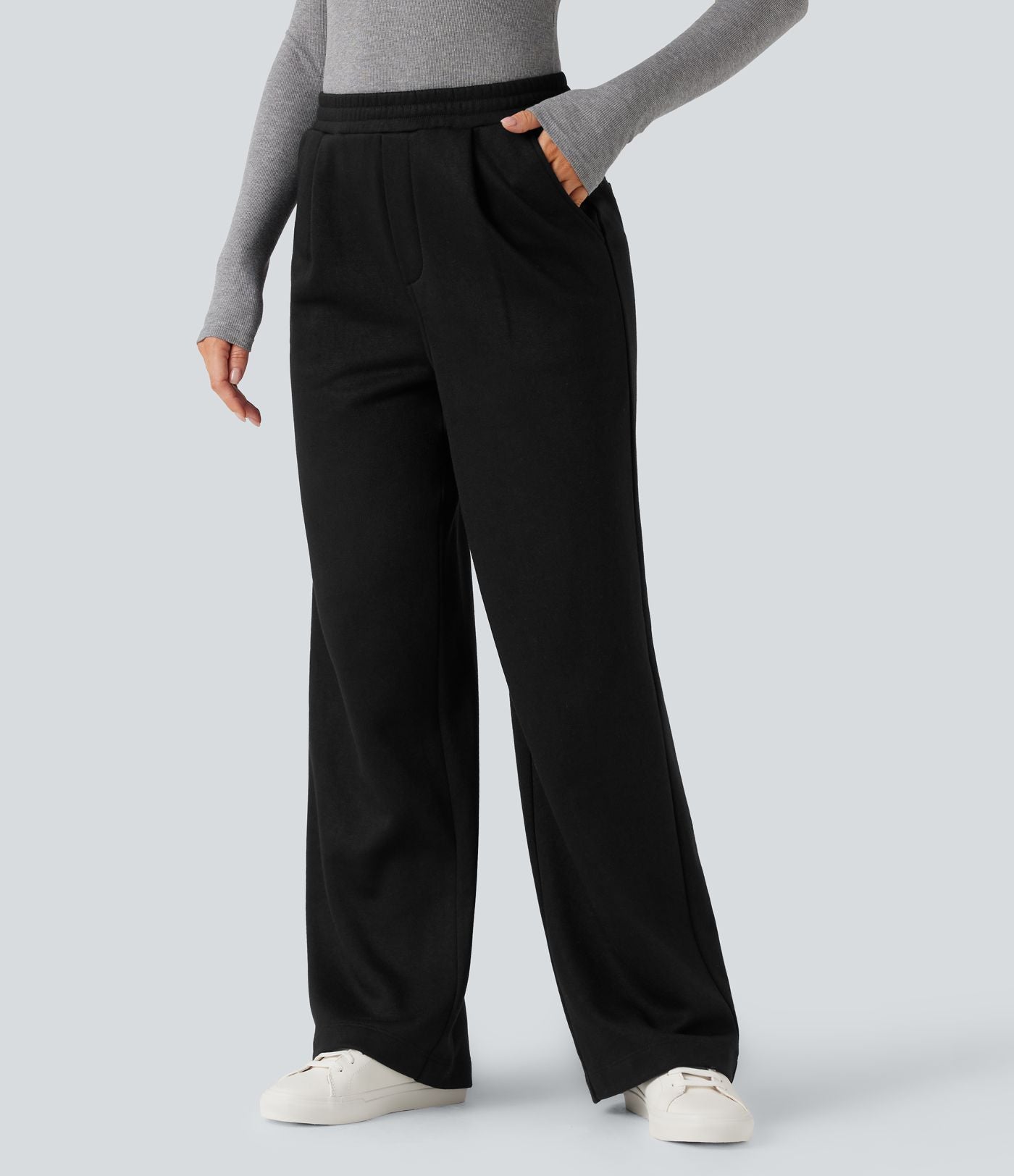 Pantalon jogging tailleur polaire coupe droite taille haute avec poches
