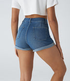 Halara Flex™ Short en Denim Tricot Extensible Lavé à Taille Haute avec Poches Multiples et Ourlet Replié