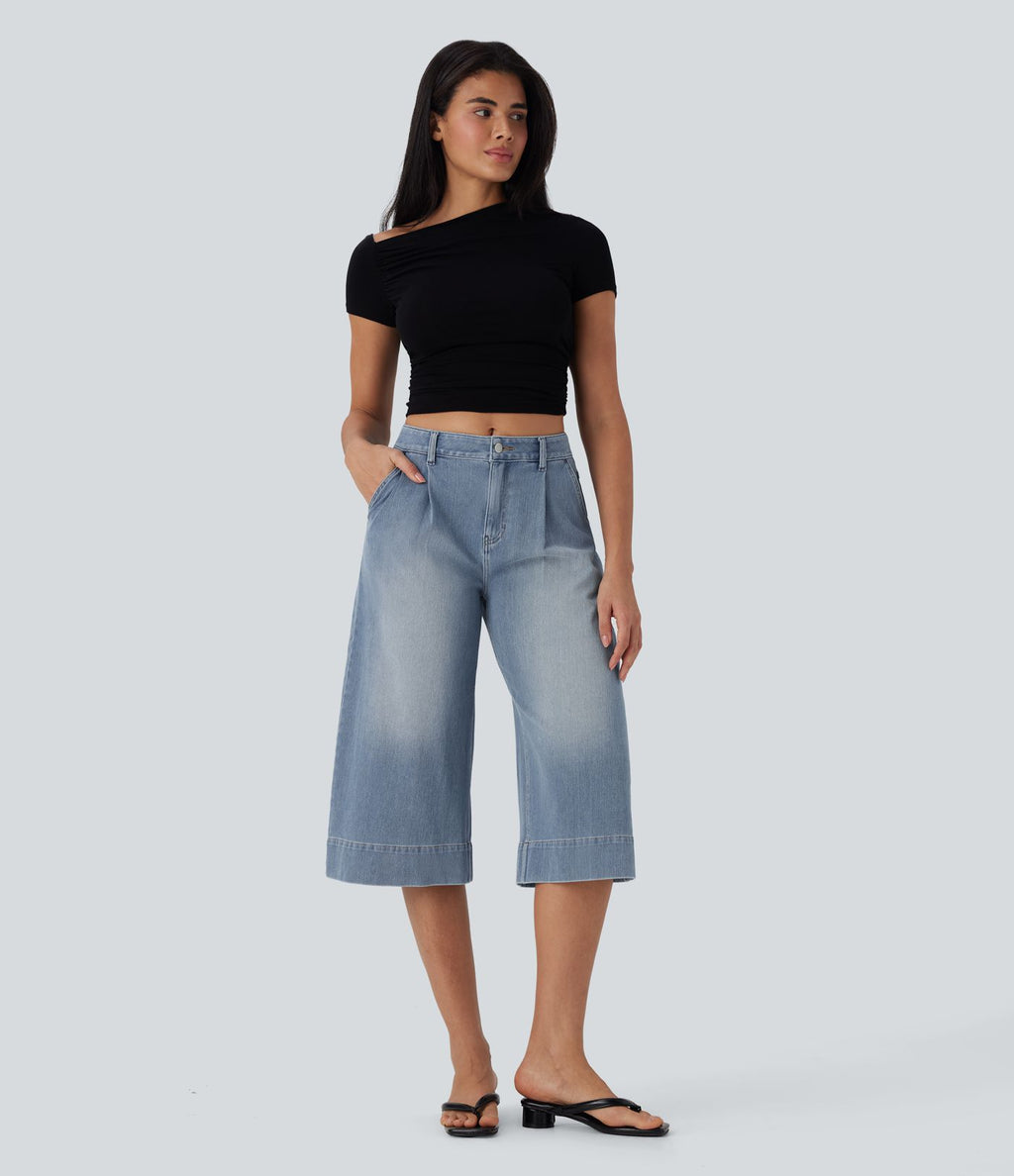 Jean décontracté capri large fluide taille mi-haute Halara Flex™ effet délavé avec poches