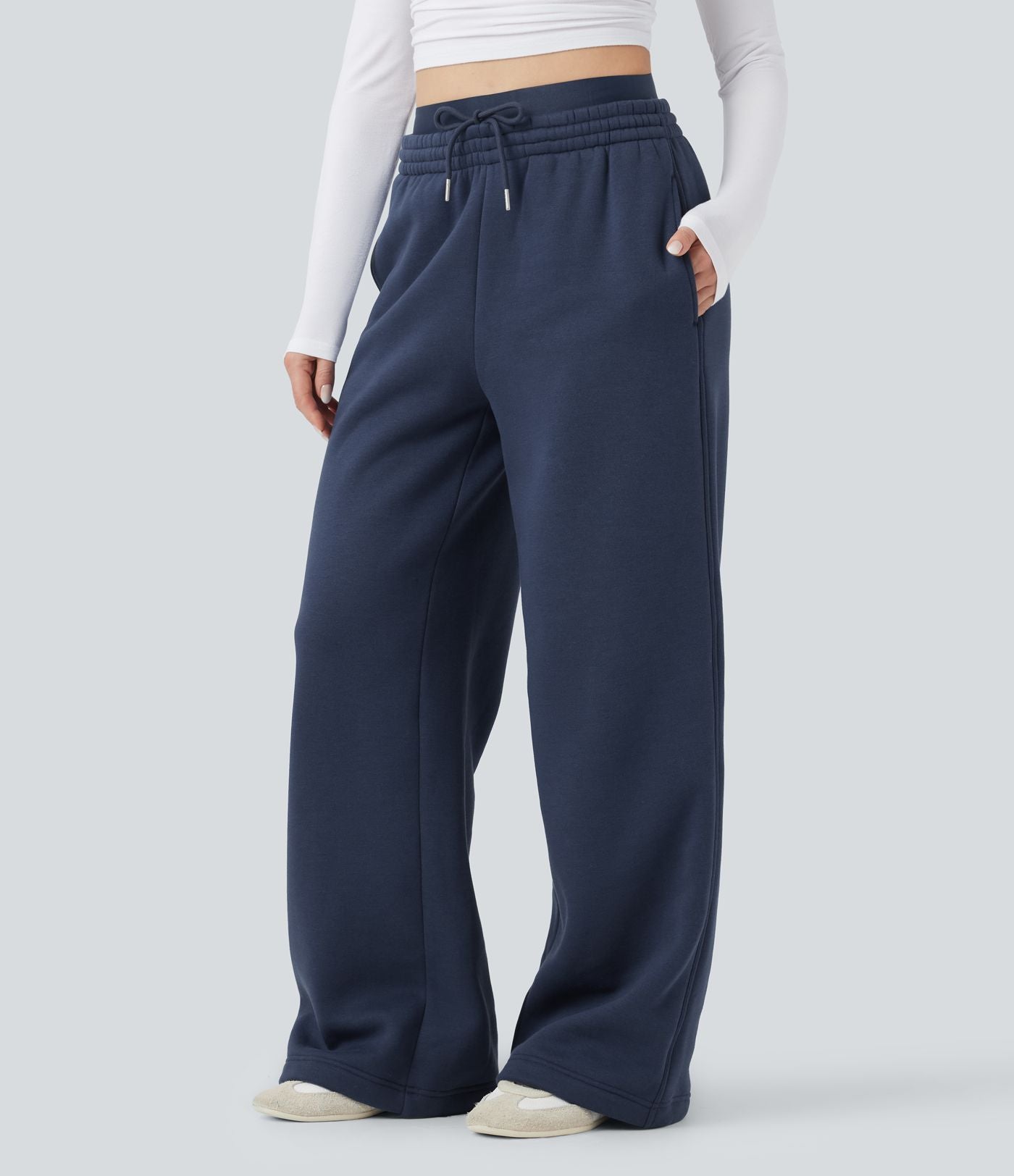 Pantalon jogging en coton molleton large taille haute avec cordon et poches