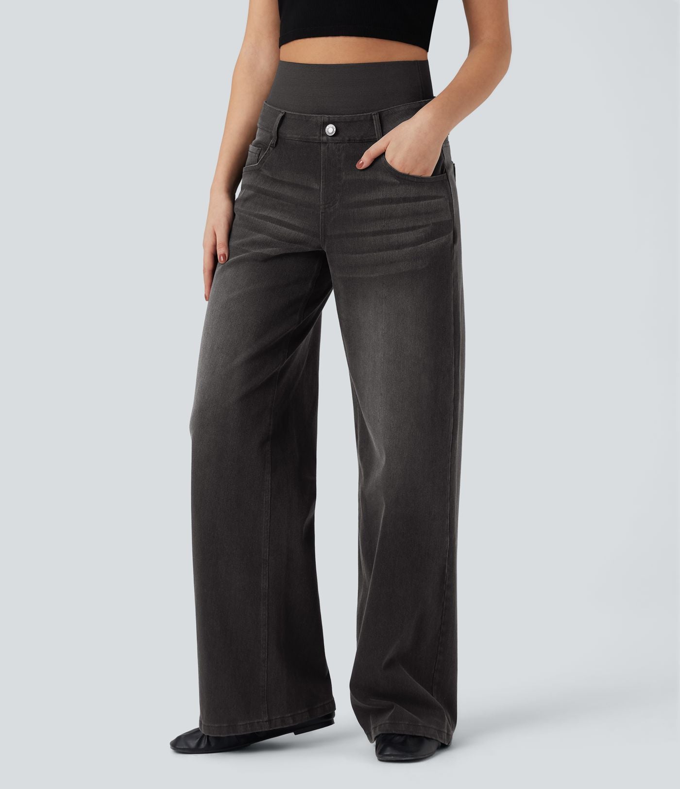 Jean large délavé Halara Flex™ taille haute gainant avec poches