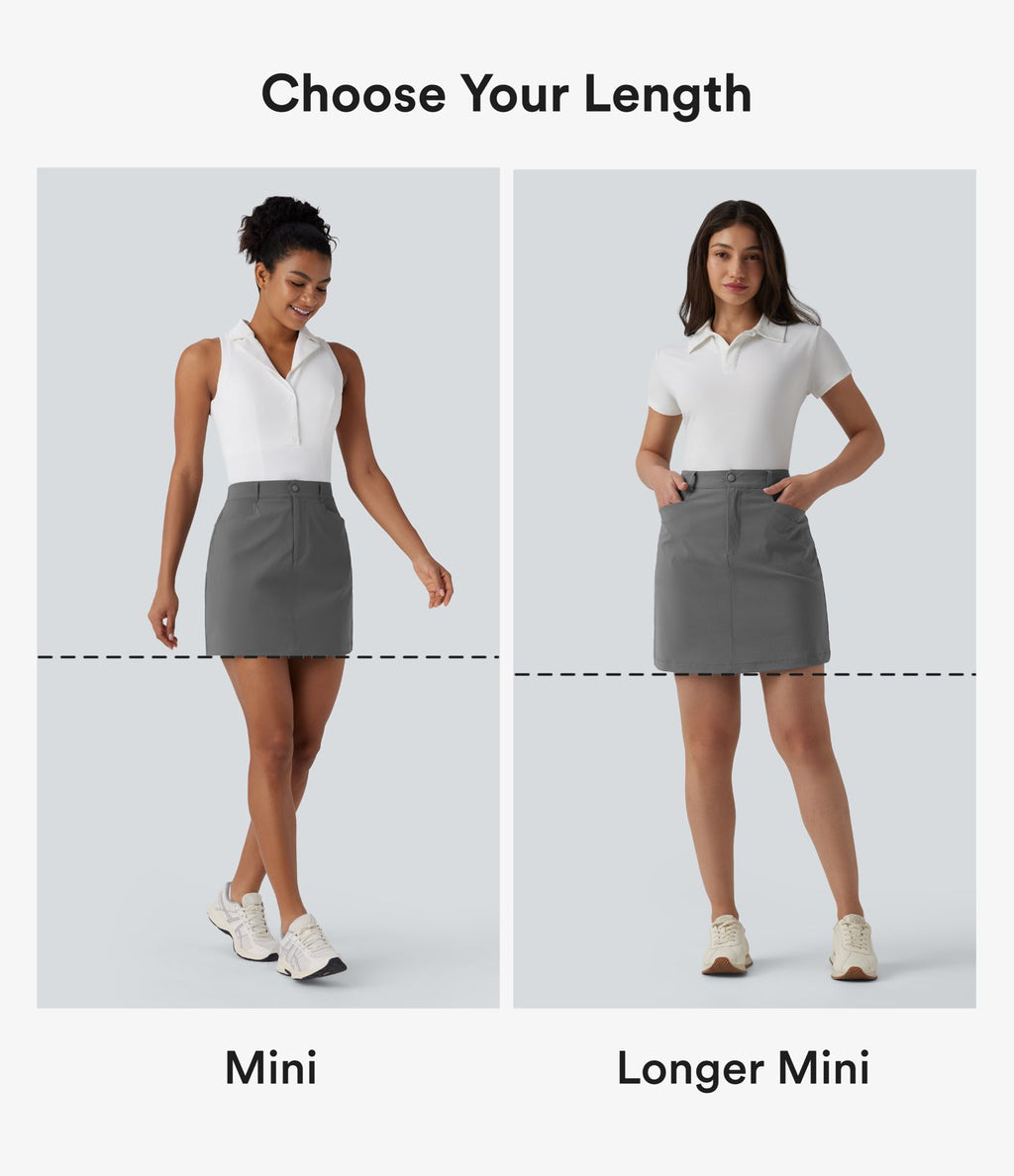Jupe courte de golf ligne A taille haute avec boutons, zip, poches latérales et fente