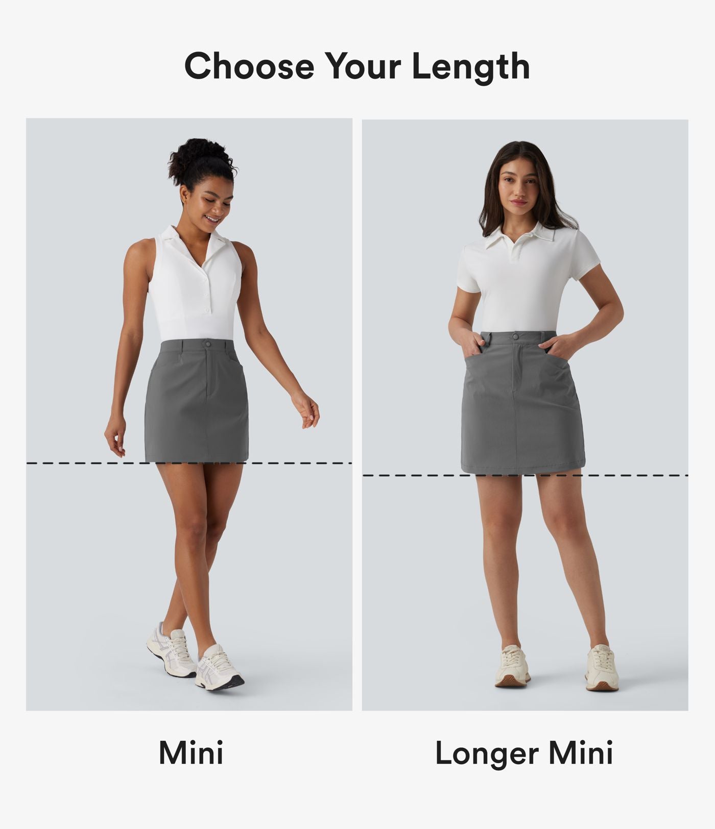 Jupe courte de golf ligne A taille haute avec boutons, zip, poches latérales et fente