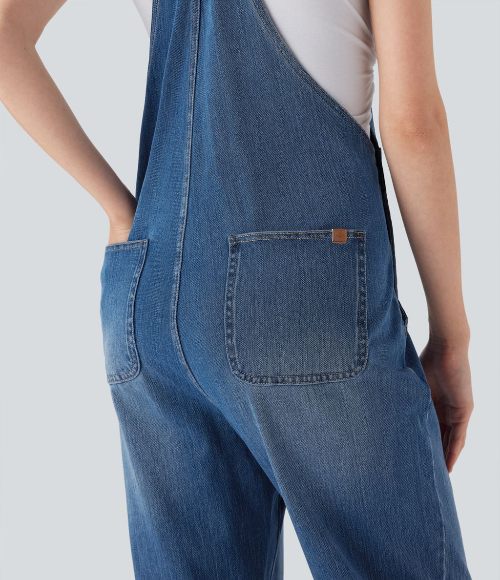 Salopette casual denim Halara Flex™ jambe droite maille extensible avec boutons et multiples poches