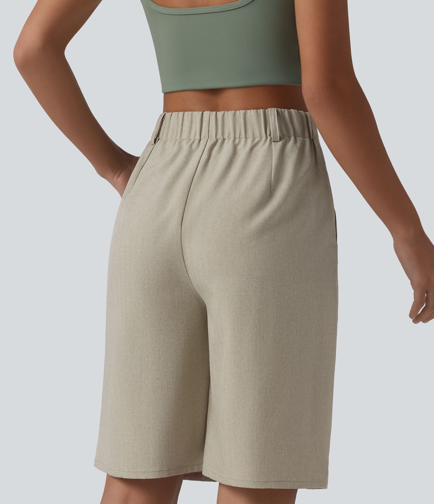 Bermuda ample infroissable taille haute plissé aspect lin avec fermeture éclair invisible et poches