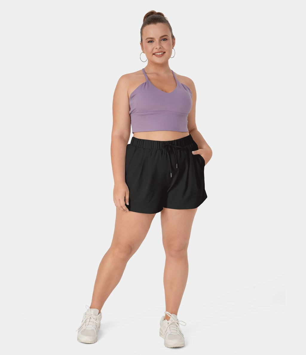 Short 7,5cm Grande Taille à Taille Haute avec Ceinture Élastique à Cordon et Poches Latérales
