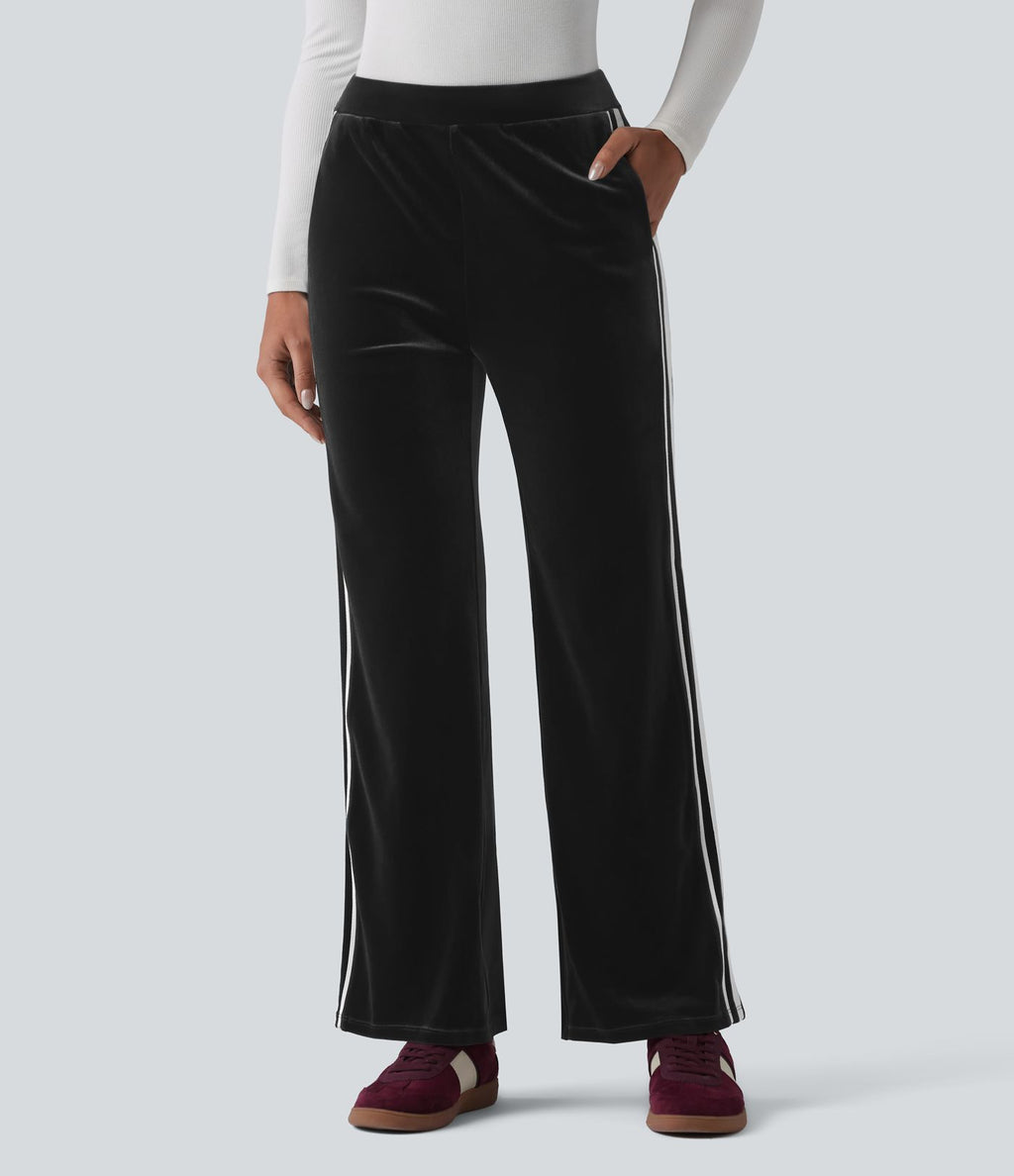 Pantalon évasé en velours taille basse color block à rayures avec poches