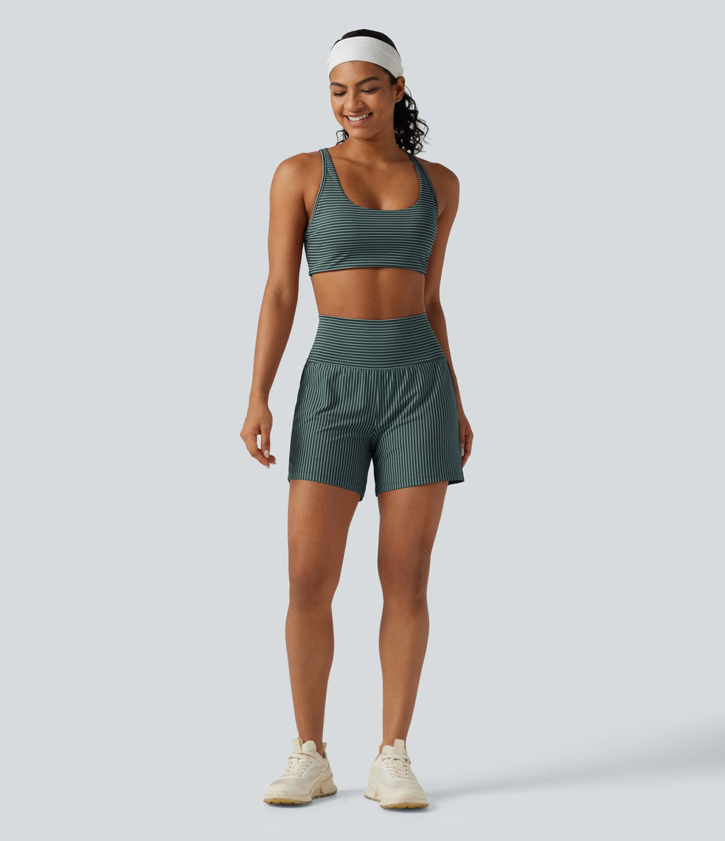 Short de yoga 2-en-1 à rayures, taille très haute, 12,5 cm, à poches