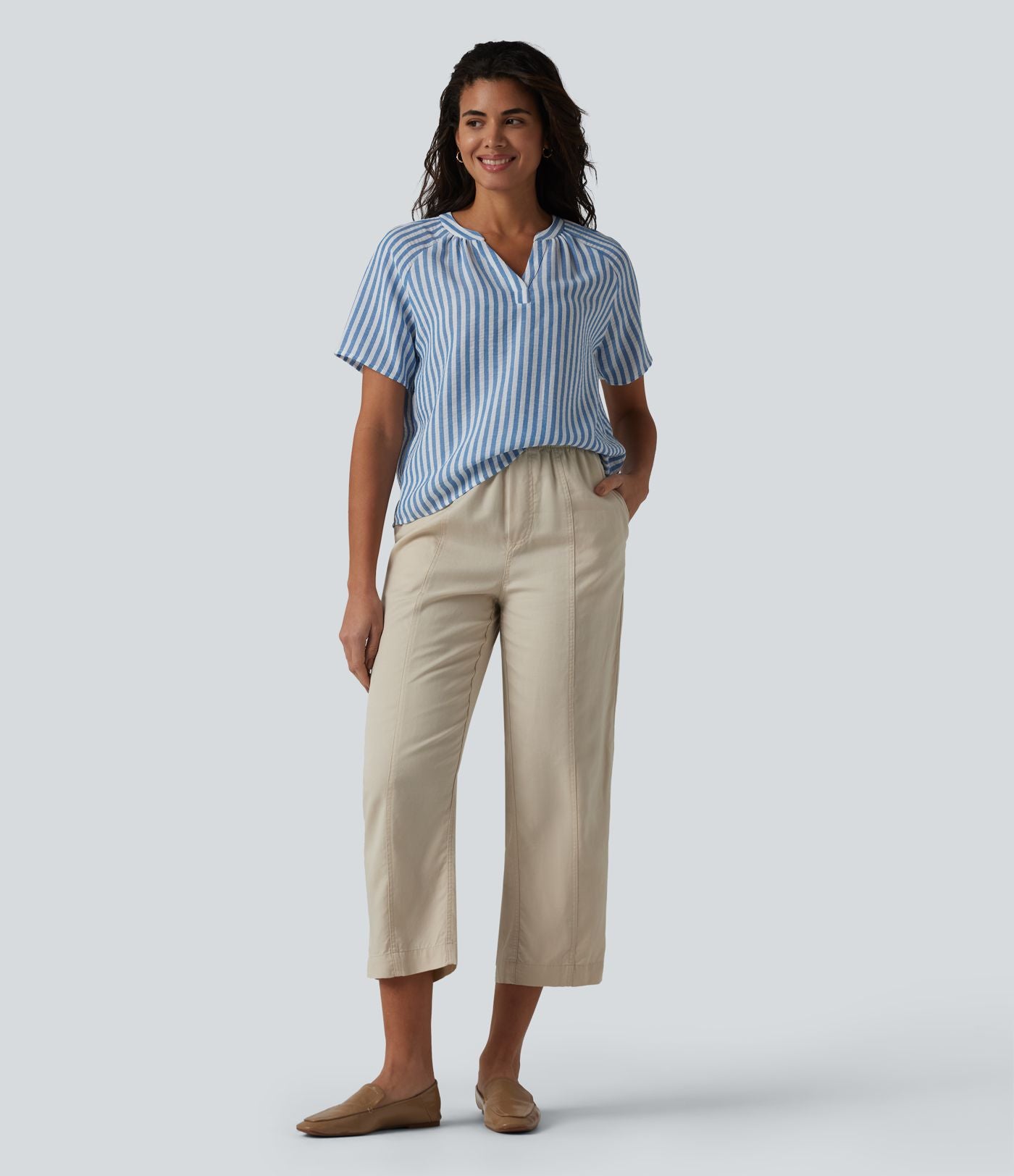 Blouse col V manches courtes à rayures aspect lin