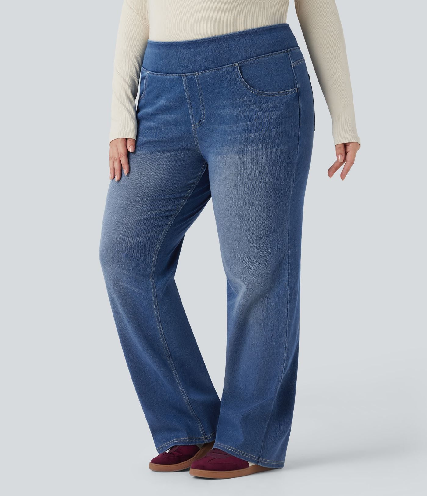 Jean décontracté Halara Flex™ grande taille bootcut taille haute en maille extensible délavée avec multiples poches