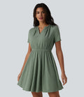 Robe mini évasée décontractée, maille côtelée en lin mélangé,  col V, manches courtes