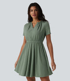 Robe mini évasée décontractée, maille côtelée en lin mélangé,  col V, manches courtes