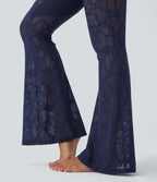 Pantalon de yoga évasé à taille haute croisée, poche arrière et dentelle
