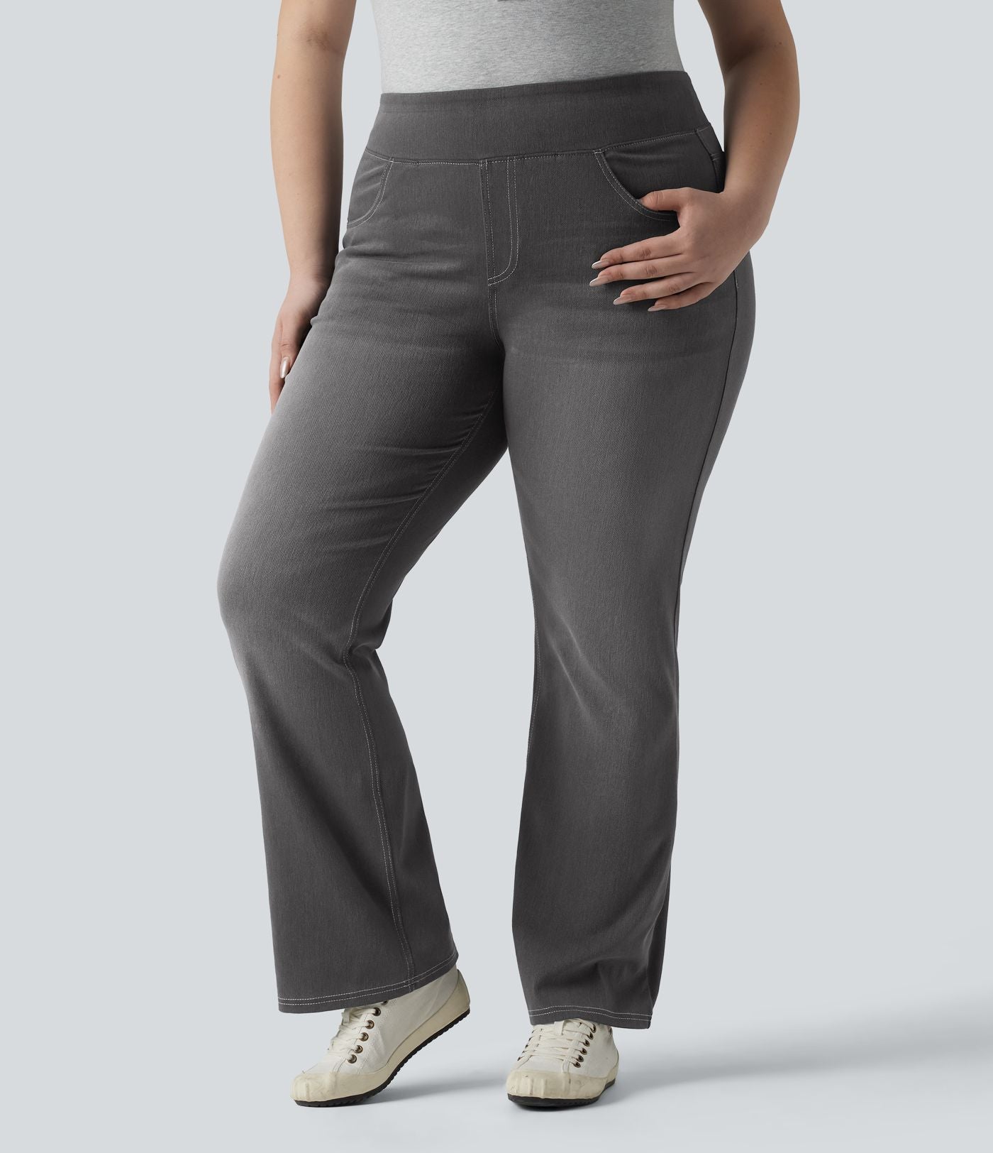 Jean décontracté Halara Flex™ grande taille bootcut taille haute en maille extensible délavée avec multiples poches