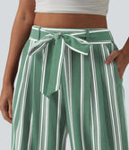 Pantalon large taille haute à rayures avec ceinture et poches