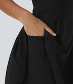 Robe de sport danse mini 2-en-1 laçage asymétrique résille contrastante fluide avec poche A-D