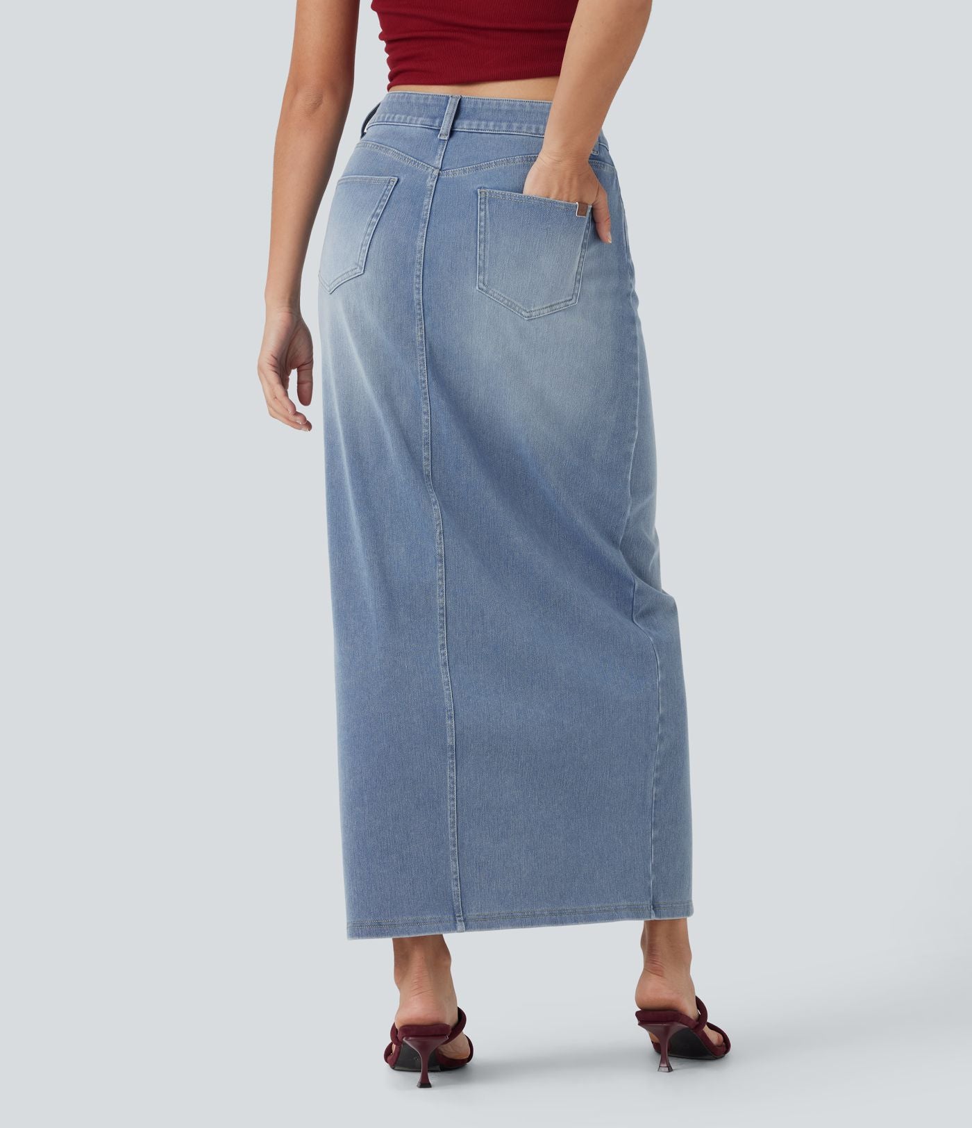 Halara Flex™ Jupe en Jean longue décontractée extensible délavé taille moyenne avec fente et multiples poches