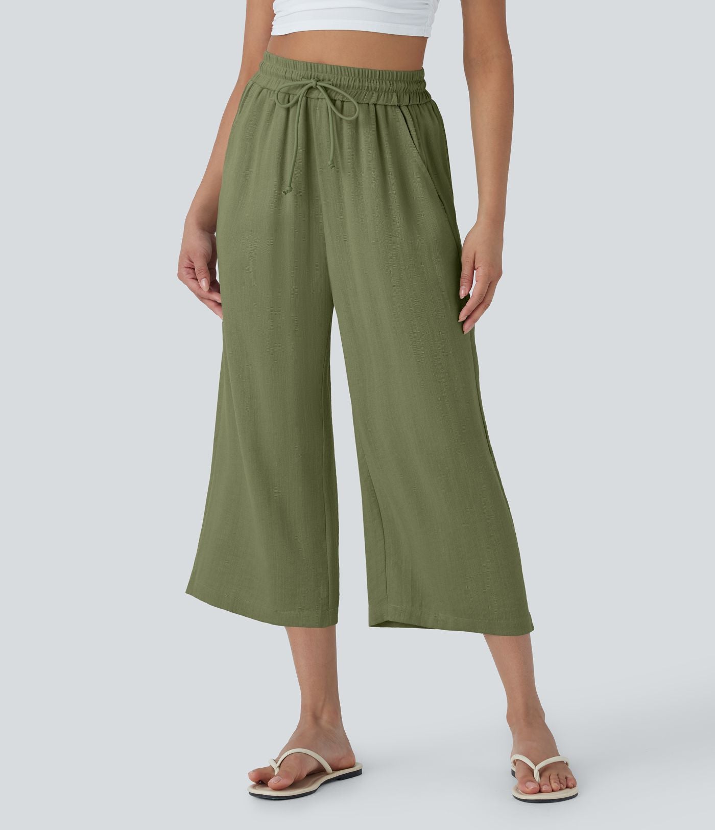 Pantalon décontracté aspect lin 7/8 à taille haute, jambe large avec cordon de serrage et poches latérales