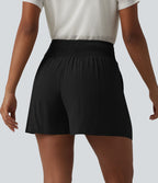 Short casual taille haute à nœud frontal froncé plissé effet lin avec poches