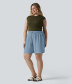 Short casual aspect lin grande taille taille haute avec cordon de serrage et poches