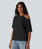 T-shirt décontracté en coton, encolure ronde, découpes et manches mi-longues