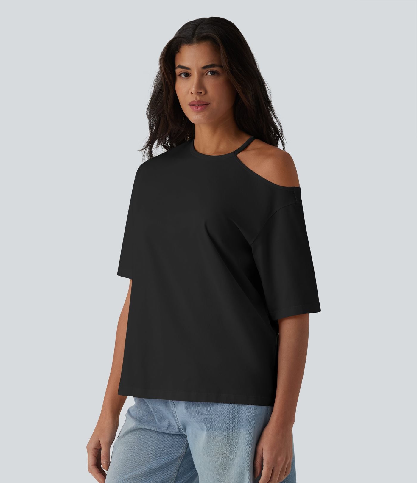 T-shirt décontracté en coton, encolure ronde, découpes et manches mi-longues