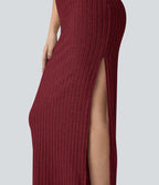 Robe longue moulante décontractée maille côtelée col carré sans manches dos torsadé avec fente